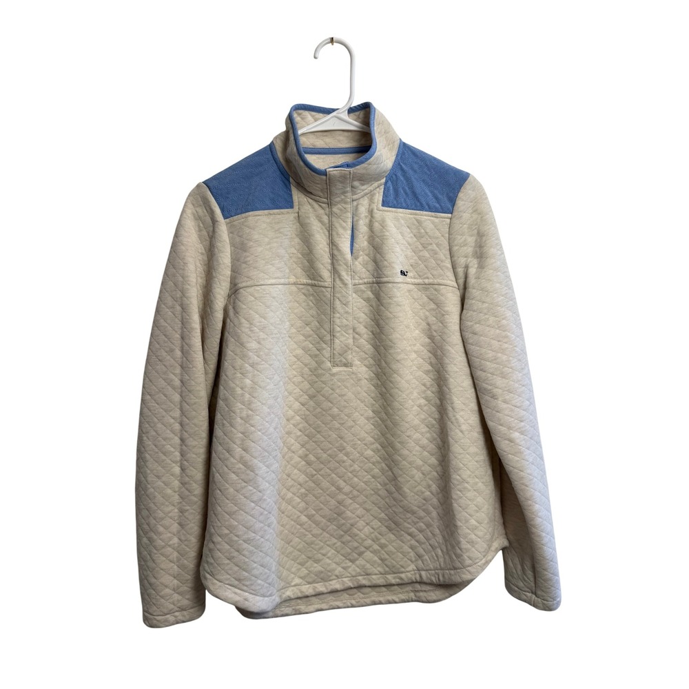 Vineyard Vines Women's Quilted Snap Pullover Oatmeal Blue Large